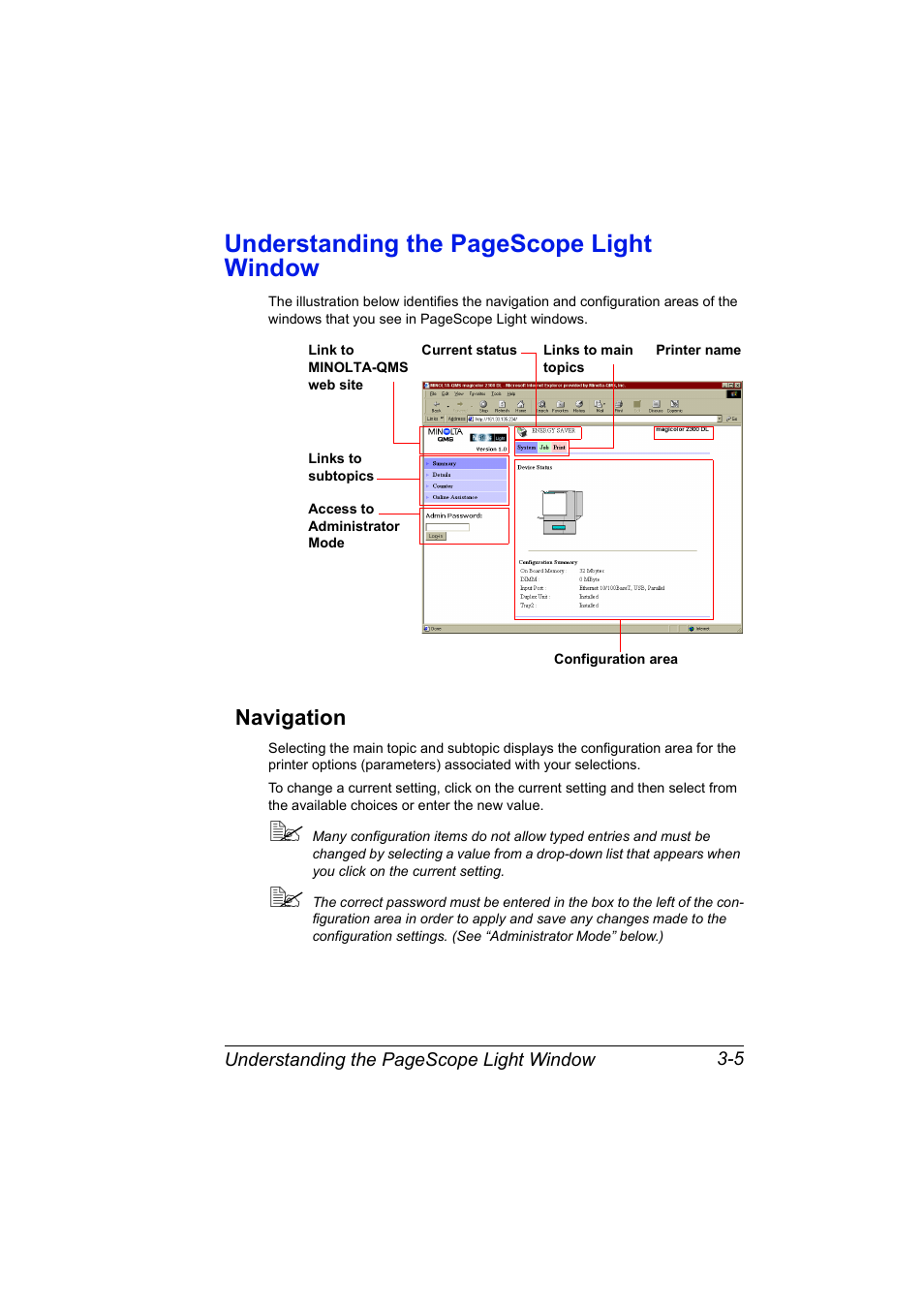 Navigation, Understanding the pagescope light window | Konica Minolta MAGICOLOR 2300 User Manual | Page 27 / 72