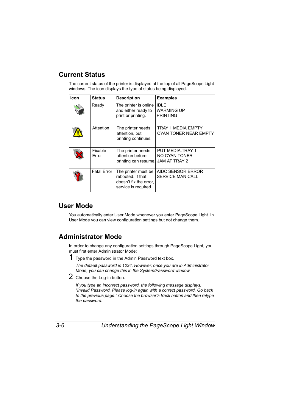 Current status, User mode, Administrator mode | Konica Minolta MAGICOLOR 2300 User Manual | Page 28 / 72