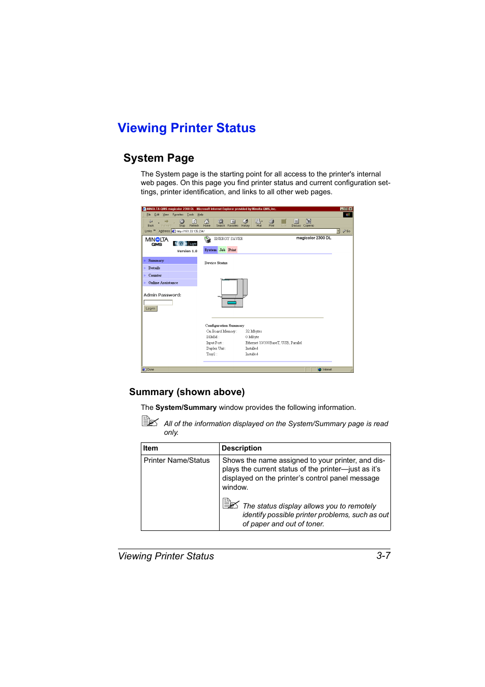 Viewing printer status, Summary (shown above), Summary (shown above) 3-7 | System page | Konica Minolta MAGICOLOR 2300 User Manual | Page 29 / 72