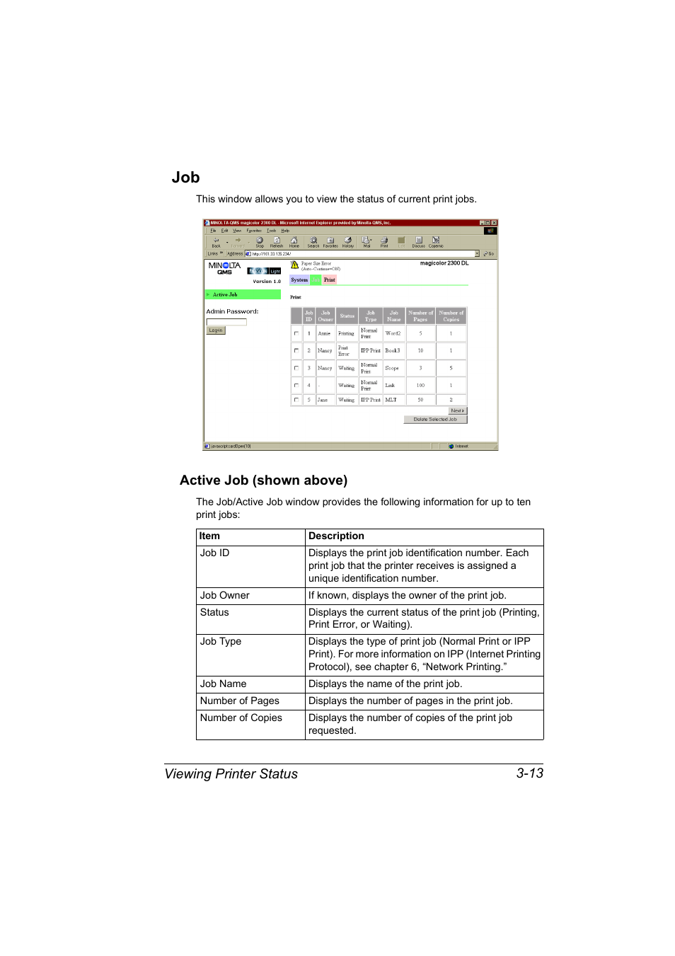 Active job (shown above), Job 3-13, Active job (shown above) 3-13 | Viewing printer status 3-13 | Konica Minolta MAGICOLOR 2300 User Manual | Page 35 / 72