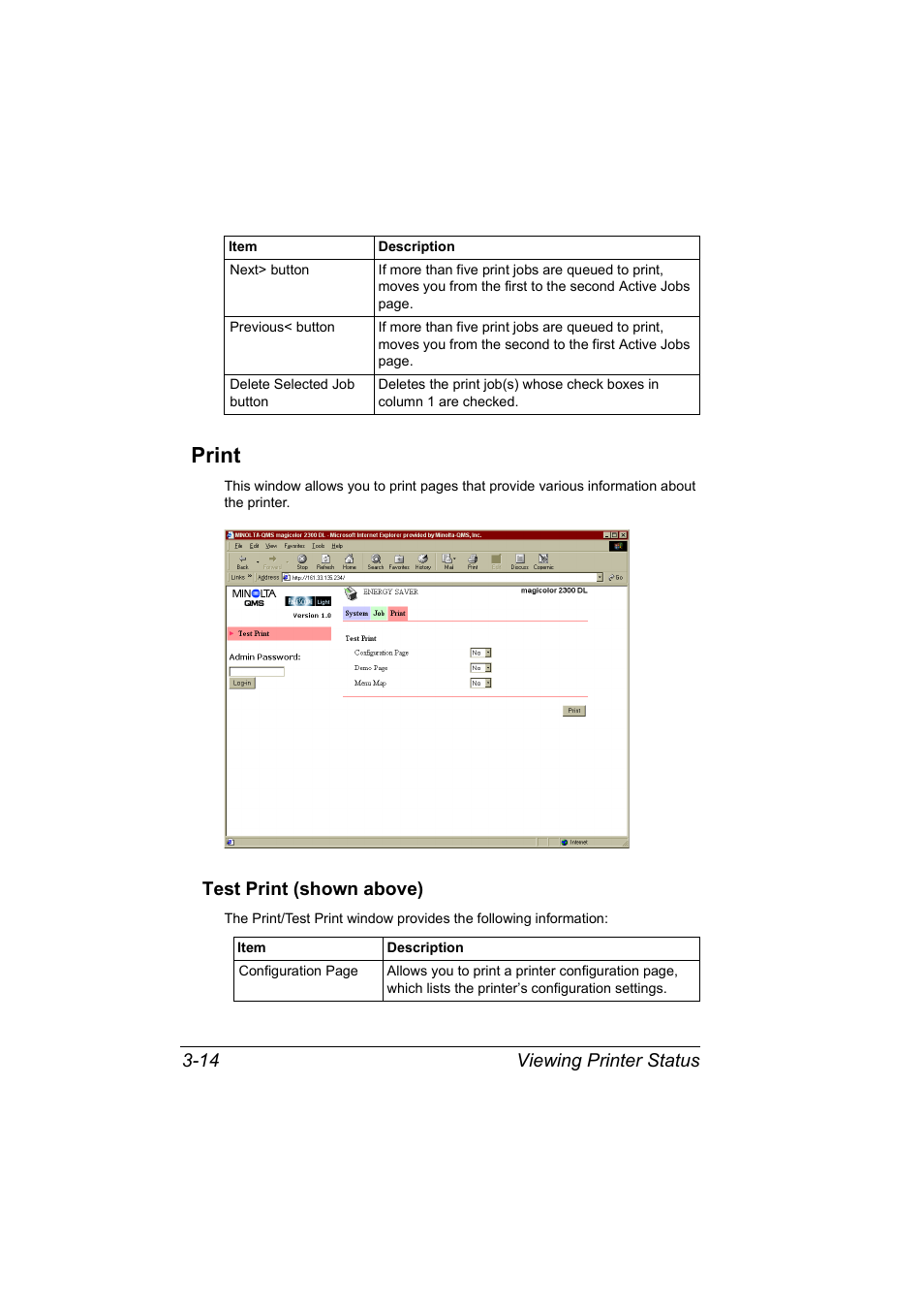 Print, Test print (shown above), Print 3-14 | Test print (shown above) 3-14, Viewing printer status 3-14 | Konica Minolta MAGICOLOR 2300 User Manual | Page 36 / 72