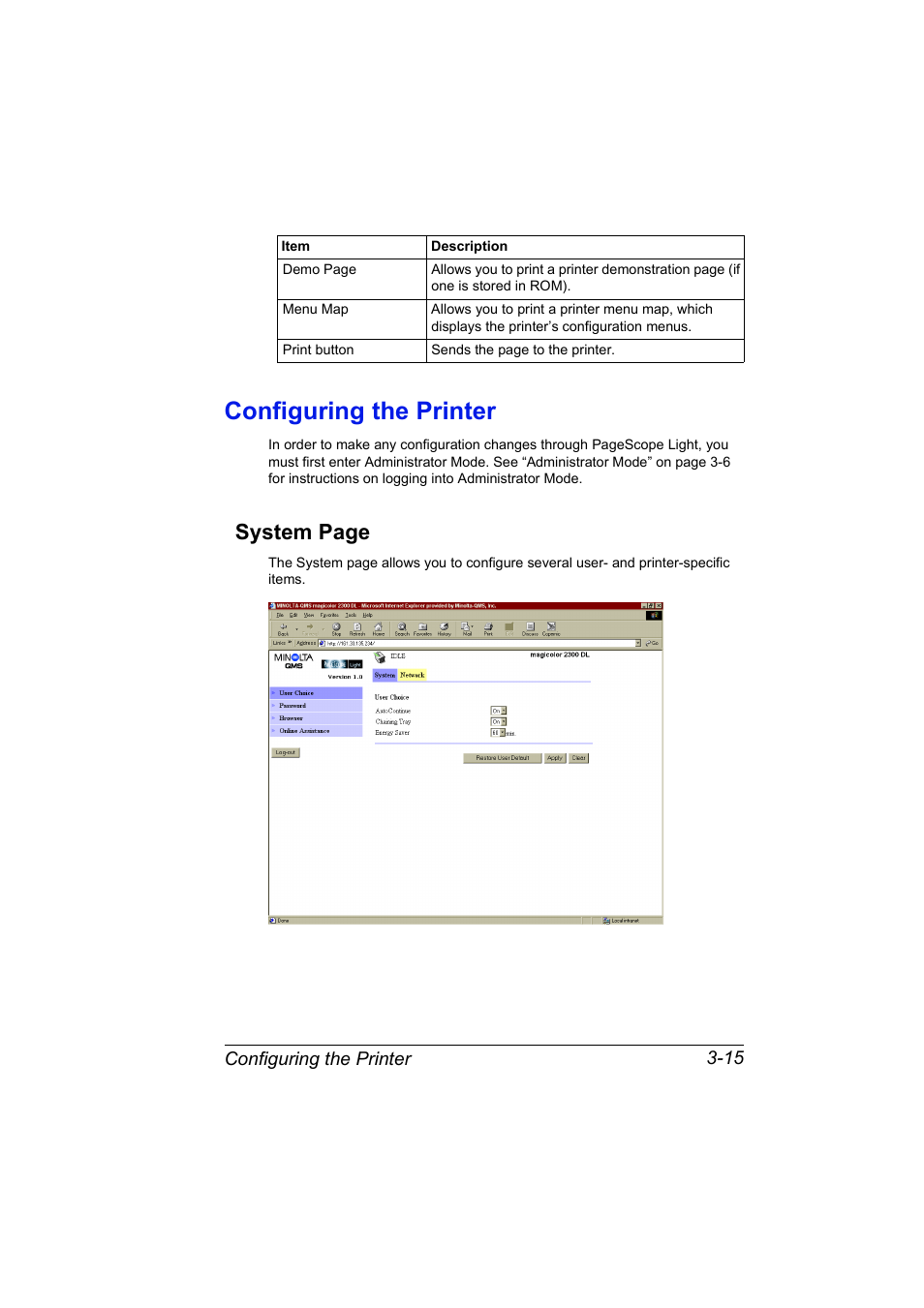 Configuring the printer, System page | Konica Minolta MAGICOLOR 2300 User Manual | Page 37 / 72