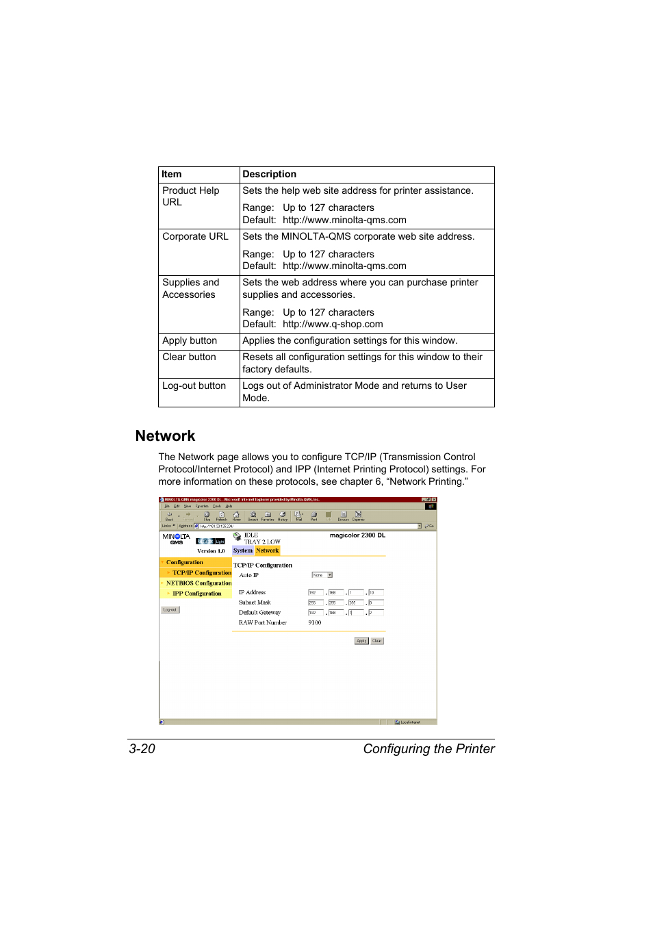 Network, Network 3-20, Configuring the printer 3-20 | Konica Minolta MAGICOLOR 2300 User Manual | Page 42 / 72
