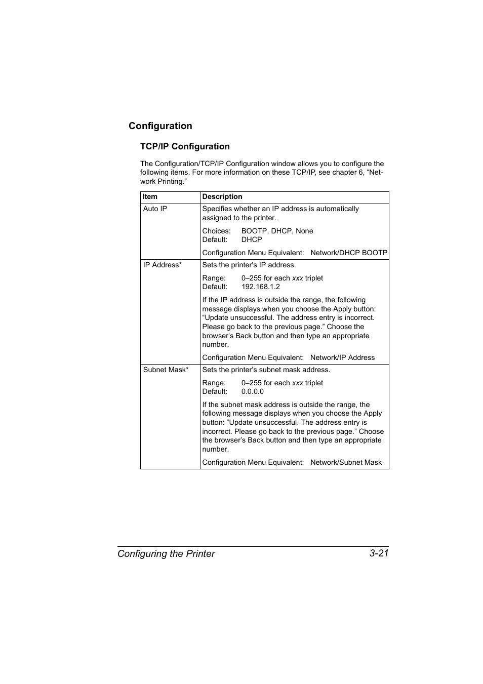Configuration, Configuration 3-21, Configuring the printer 3-21 configuration | Konica Minolta MAGICOLOR 2300 User Manual | Page 43 / 72