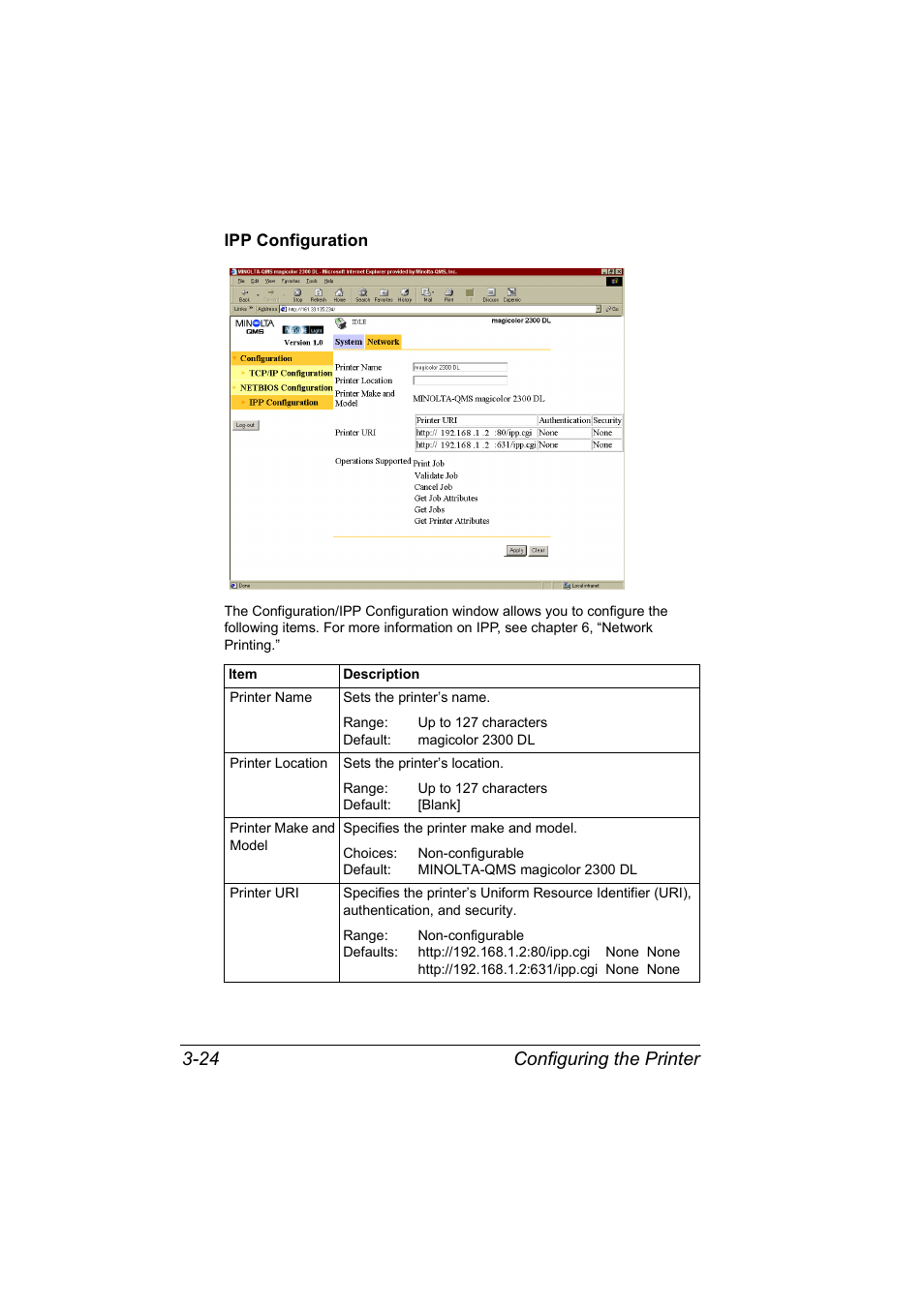 Configuring the printer 3-24 | Konica Minolta MAGICOLOR 2300 User Manual | Page 46 / 72