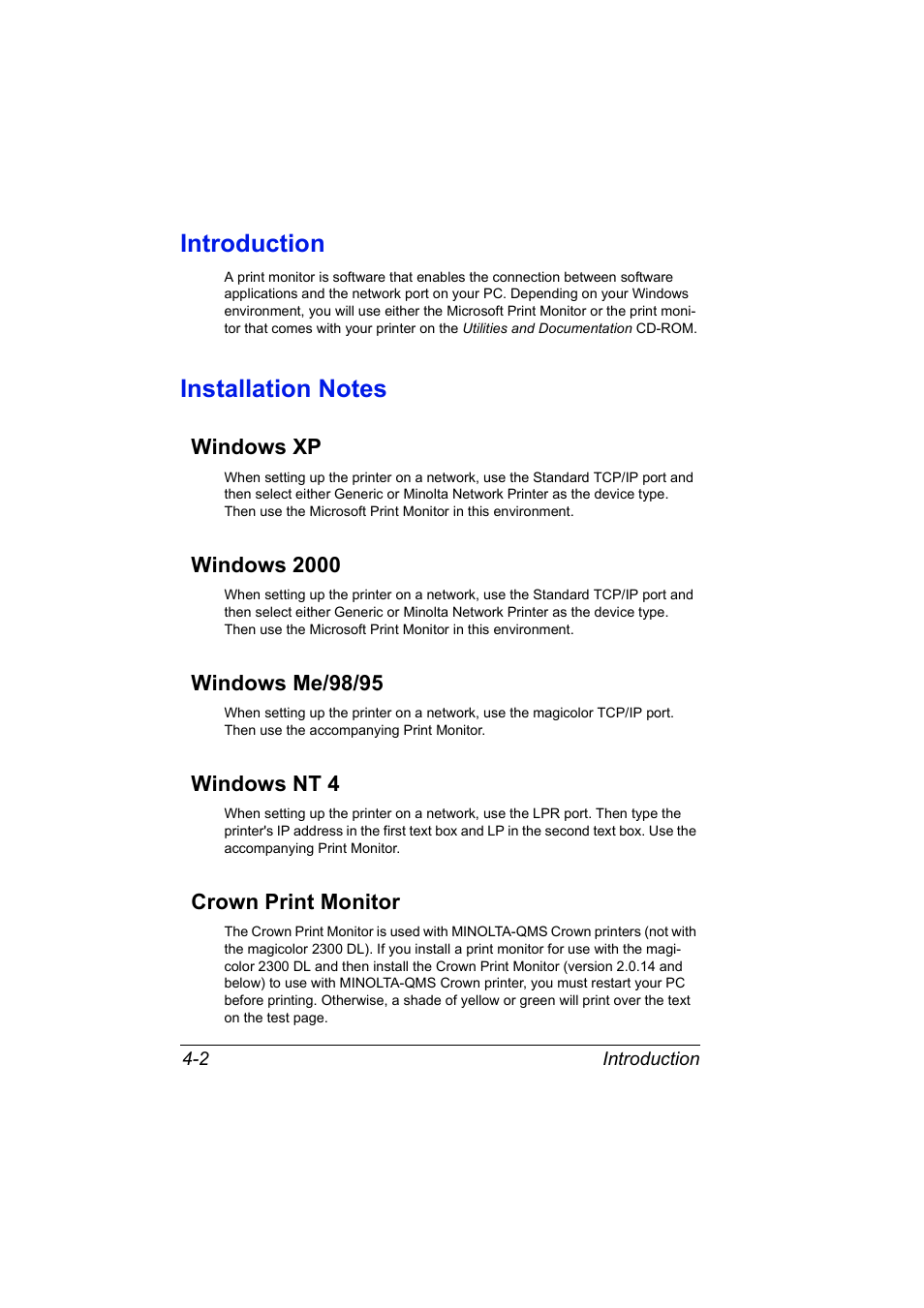 Introduction, Installation notes, Windows xp | Windows 2000, Windows me/98/95, Windows nt 4, Crown print monitor | Konica Minolta MAGICOLOR 2300 User Manual | Page 50 / 72