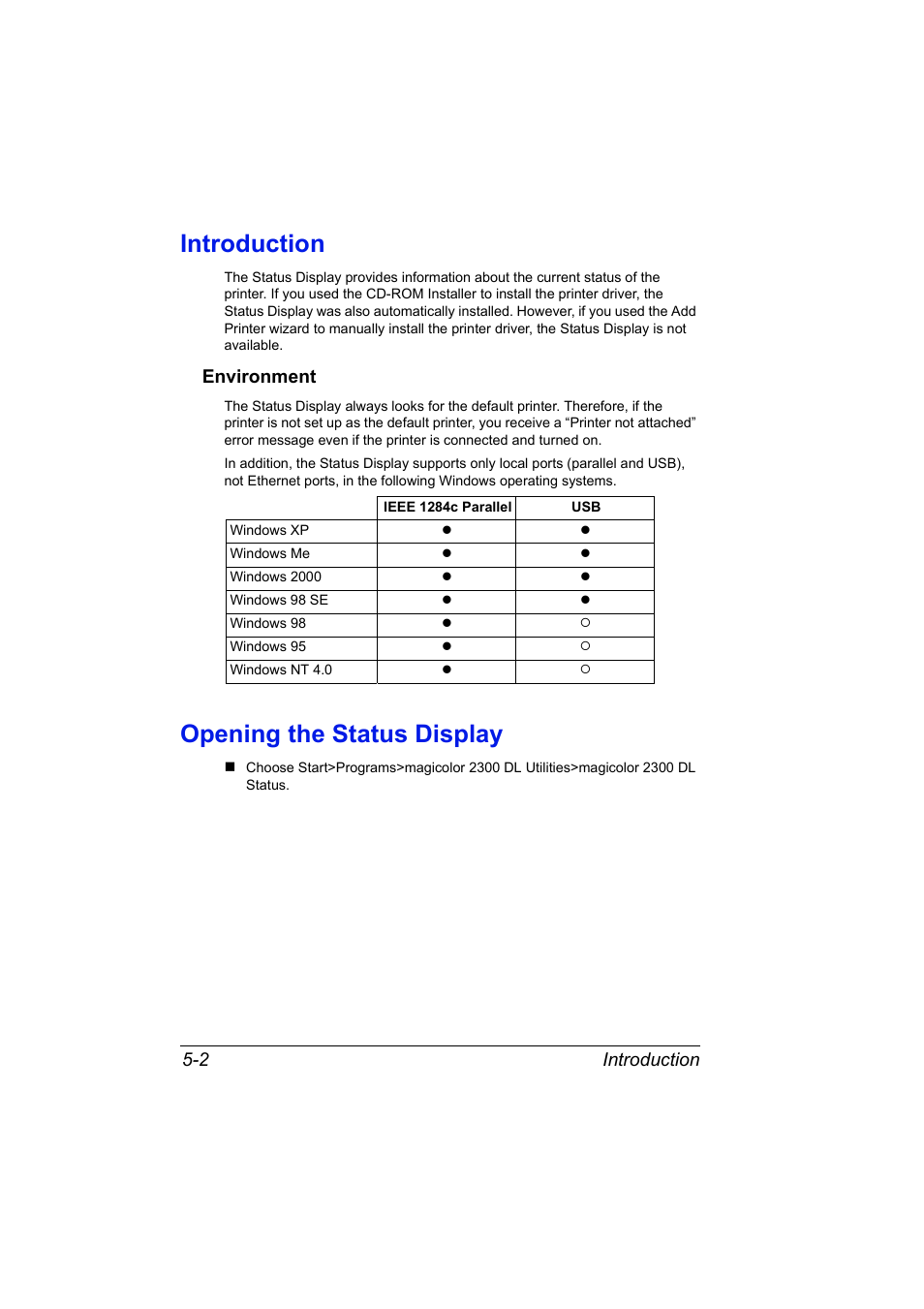 Introduction, Environment, Opening the status display | Introduction 5-2, Environment 5-2, Opening the status display 5-2 | Konica Minolta MAGICOLOR 2300 User Manual | Page 52 / 72