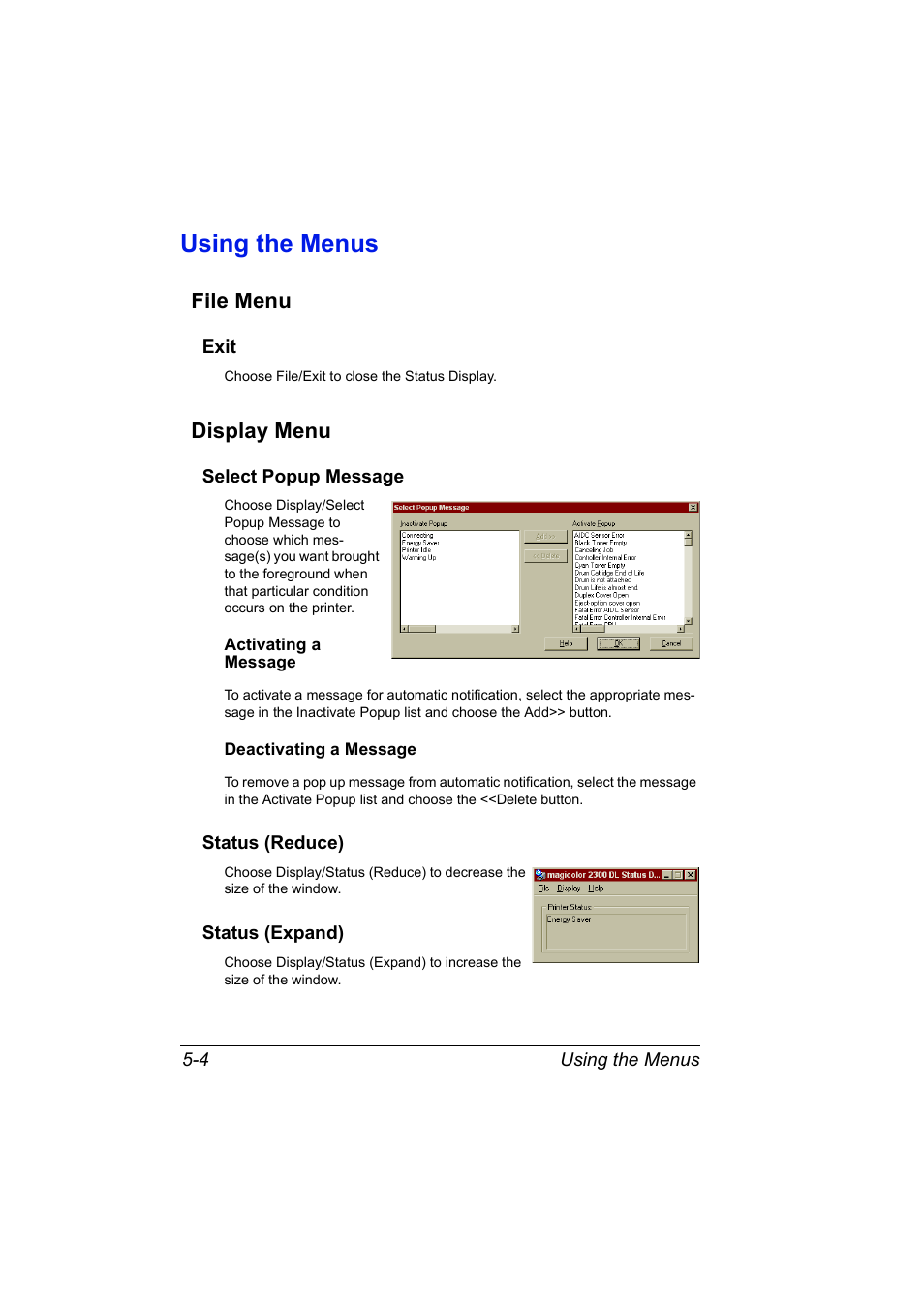 Using the menus, File menu, Exit | Display menu, Select popup message, Status (reduce), Status (expand), Using the menus 5-4 file menu 5-4, Exit 5-4, Display menu 5-4 | Konica Minolta MAGICOLOR 2300 User Manual | Page 54 / 72