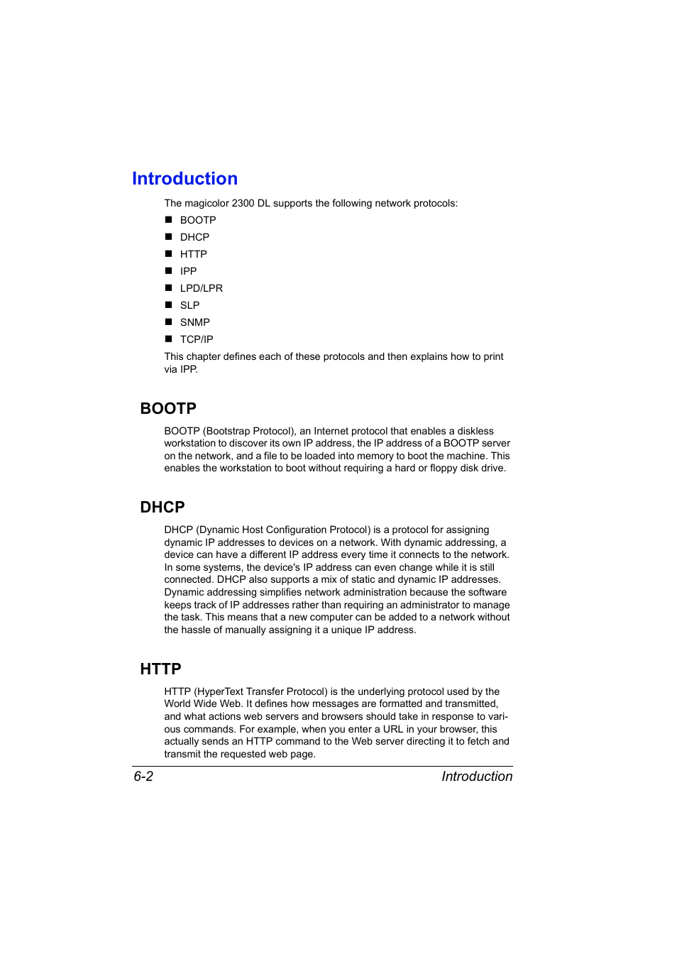 Introduction, Bootp, Dhcp | Http, Introduction 6-2 bootp 6-2 dhcp 6-2 http 6-2 | Konica Minolta MAGICOLOR 2300 User Manual | Page 58 / 72