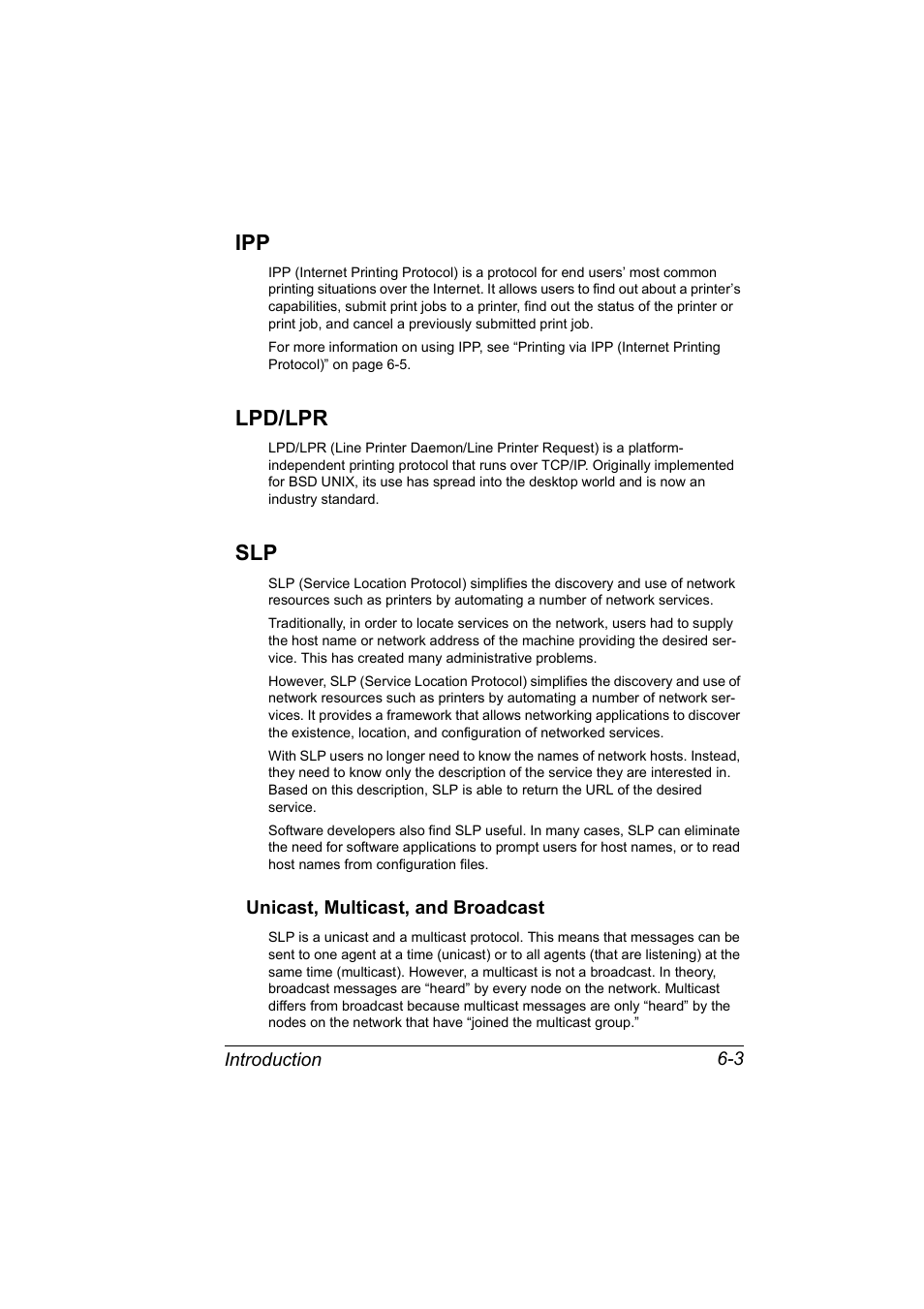 Lpd/lpr, Unicast, multicast, and broadcast, Ipp 6-3 lpd/lpr 6-3 slp 6-3 | Unicast, multicast, and broadcast 6-3 | Konica Minolta MAGICOLOR 2300 User Manual | Page 59 / 72