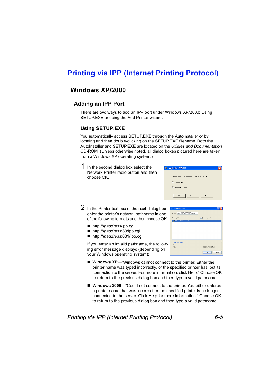 Printing via ipp (internet printing protocol), Windows xp/2000, Adding an ipp port | Adding an ipp port 6-5 | Konica Minolta MAGICOLOR 2300 User Manual | Page 61 / 72