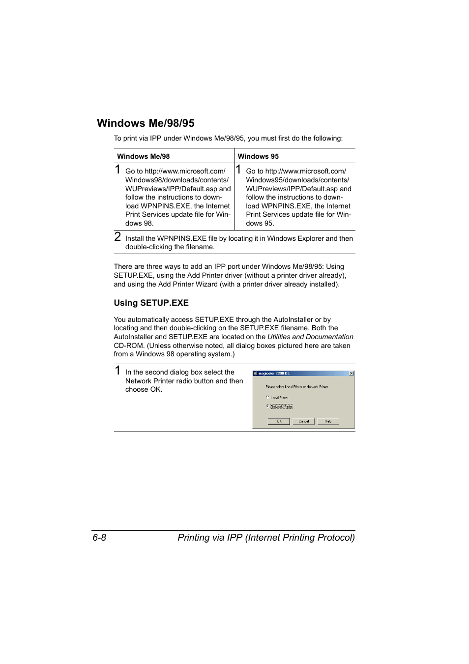 Windows me/98/95, Windows me/98/95 6-8 | Konica Minolta MAGICOLOR 2300 User Manual | Page 64 / 72