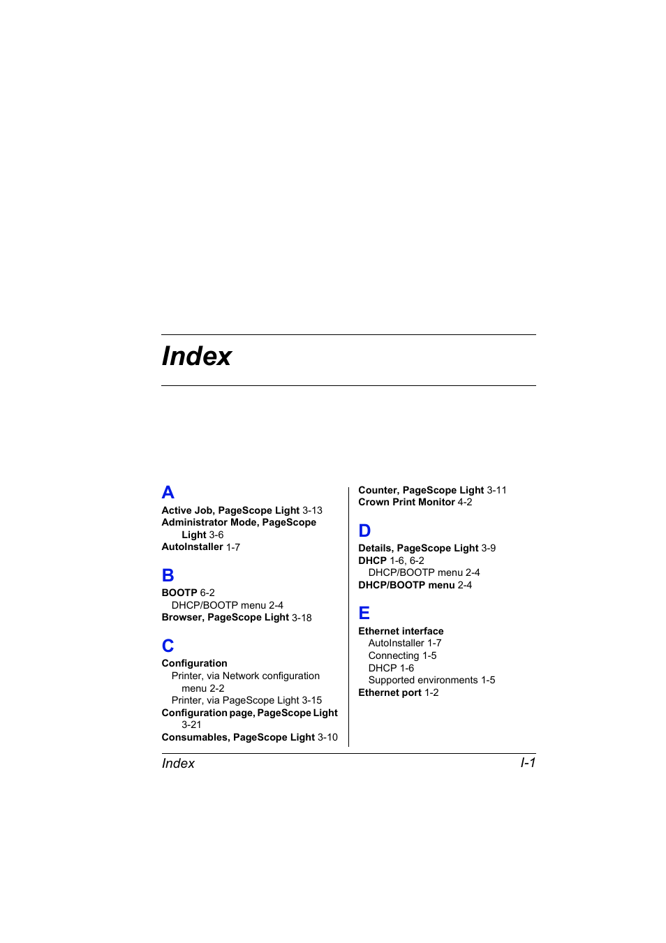 Index, A to e | Konica Minolta MAGICOLOR 2300 User Manual | Page 69 / 72