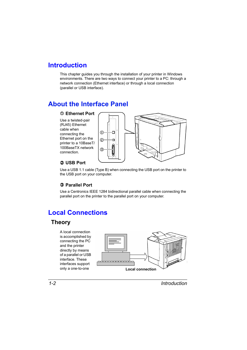 Introduction, About the interface panel, Local connections | Theory | Konica Minolta MAGICOLOR 2300 User Manual | Page 8 / 72