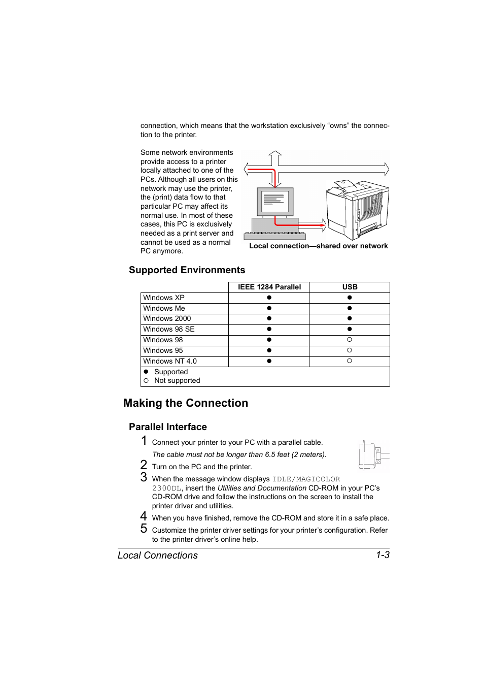 Supported environments, Making the connection, Parallel interface | Supported environments 1-3, Making the connection 1-3, Parallel interface 1-3 | Konica Minolta MAGICOLOR 2300 User Manual | Page 9 / 72