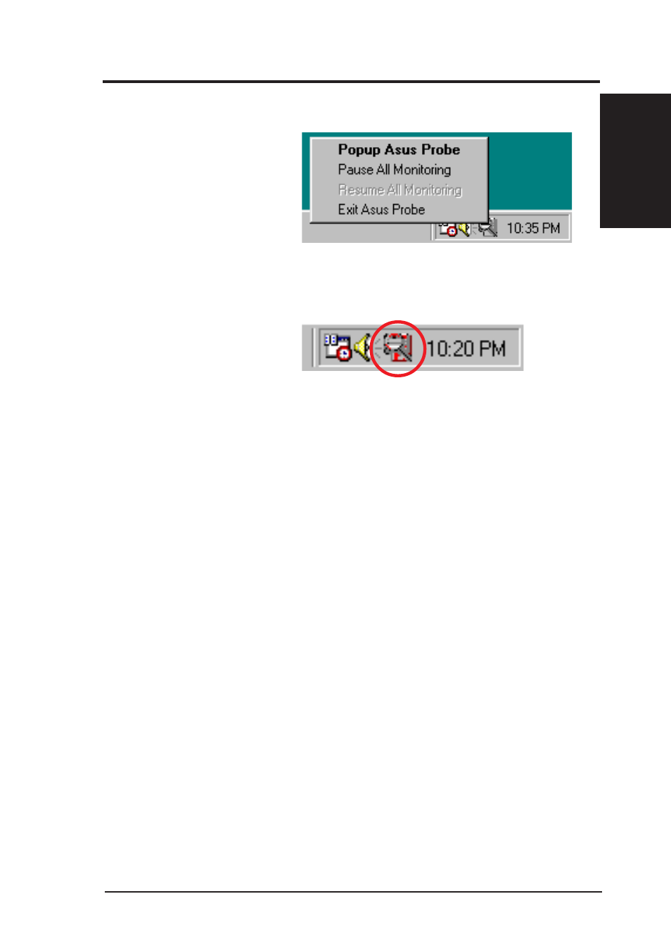 Software reference, 3 asus pc probe task bar icon | Asus INTEL CUW(E)-FX User Manual | Page 107 / 128