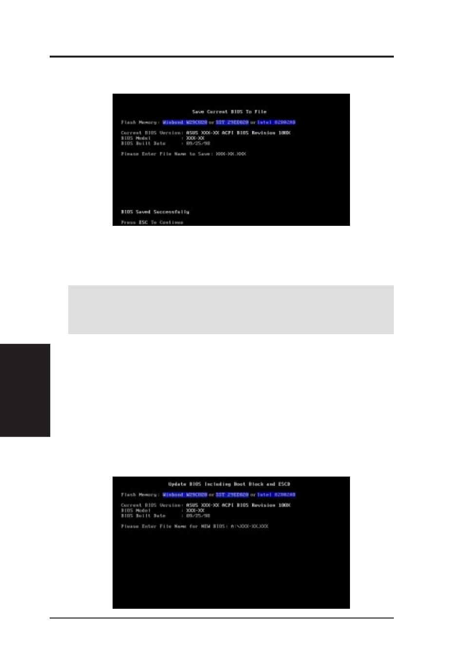 Bios setup, 2 updating bios procedures | Asus INTEL CUW(E)-FX User Manual | Page 44 / 128