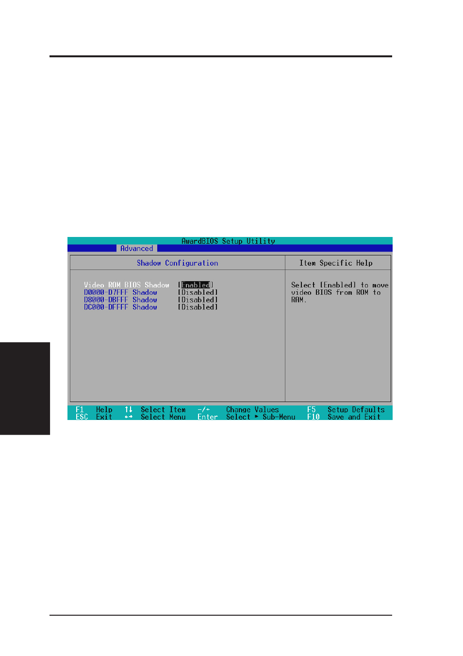 Bios setup, 4 shadow configuration | Asus INTEL CUW(E)-FX User Manual | Page 68 / 128