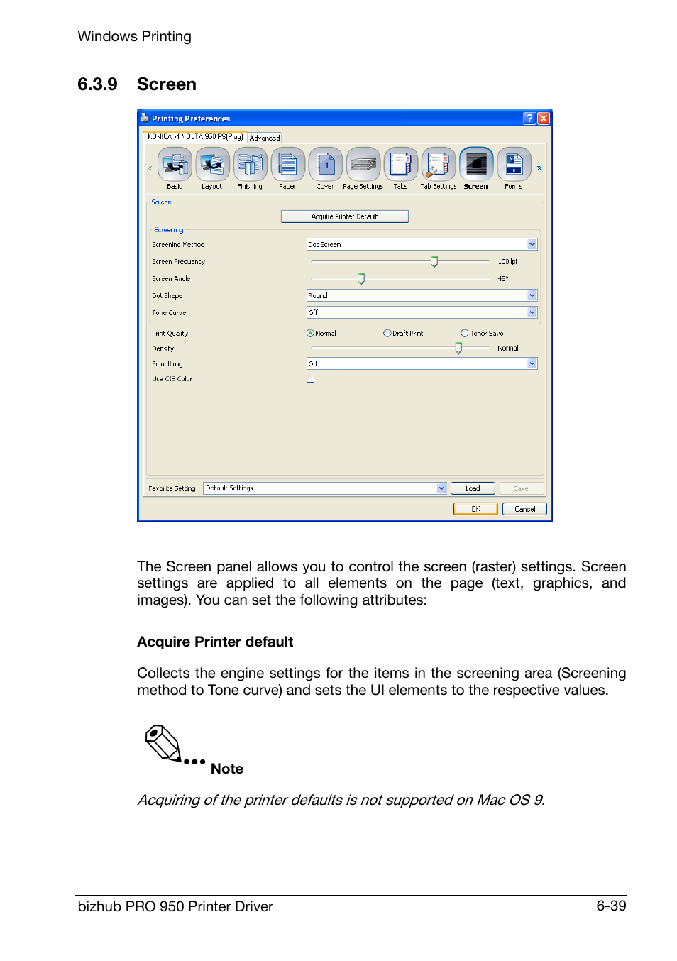 9 screen, Acquire printer default | Konica Minolta bizhub PRO 950 User Manual | Page 103 / 160