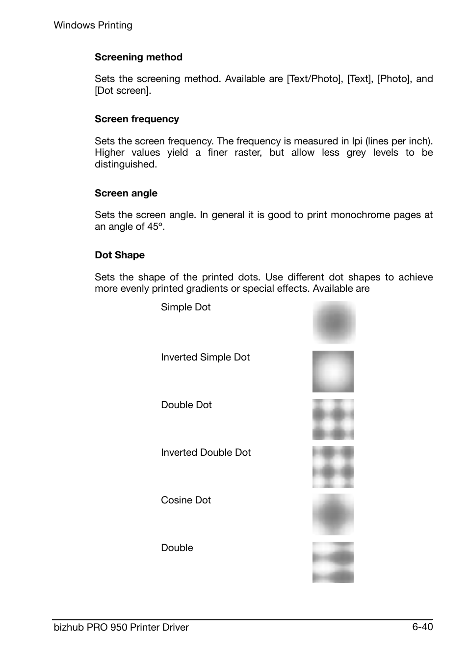 Screening method, Screen frequency, Screen angle | Dot shape | Konica Minolta bizhub PRO 950 User Manual | Page 104 / 160