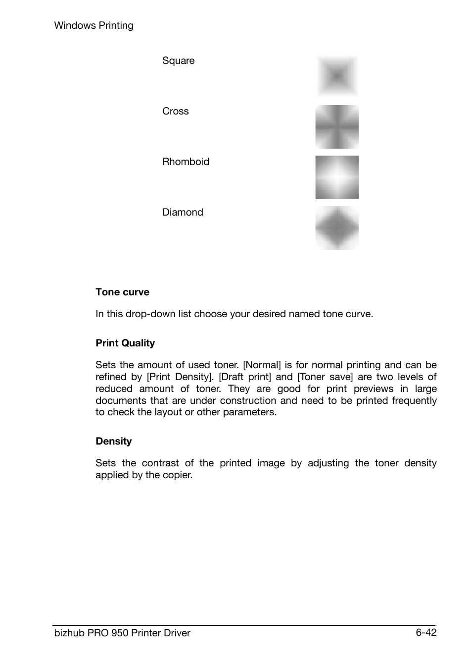 Tone curve, Print quality, Density | Konica Minolta bizhub PRO 950 User Manual | Page 106 / 160