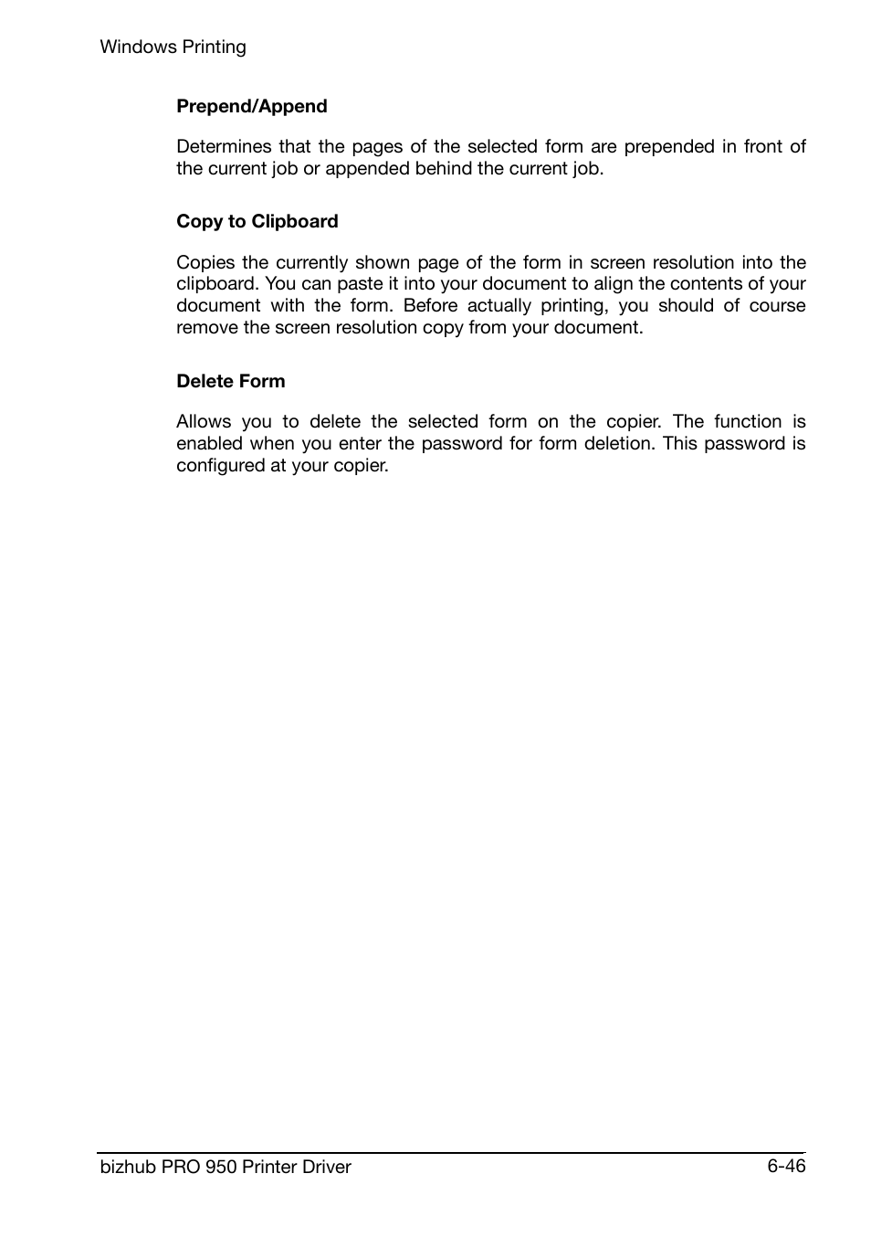 Prepend/append, Copy to clipboard, Delete form | Konica Minolta bizhub PRO 950 User Manual | Page 110 / 160