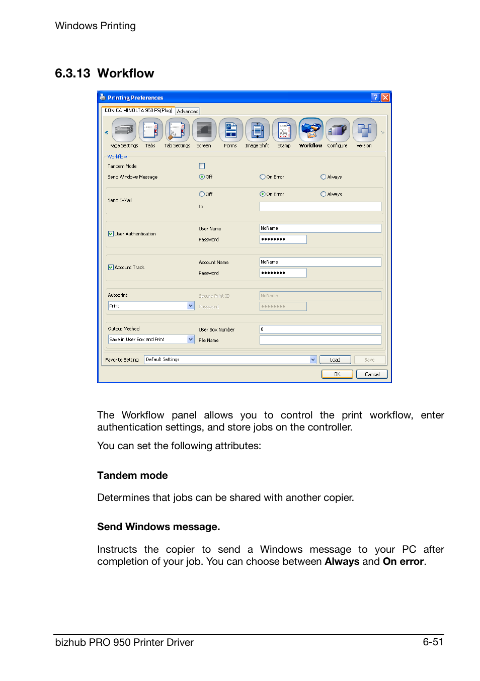 13 workflow, Tandem mode, Send windows message | Konica Minolta bizhub PRO 950 User Manual | Page 115 / 160