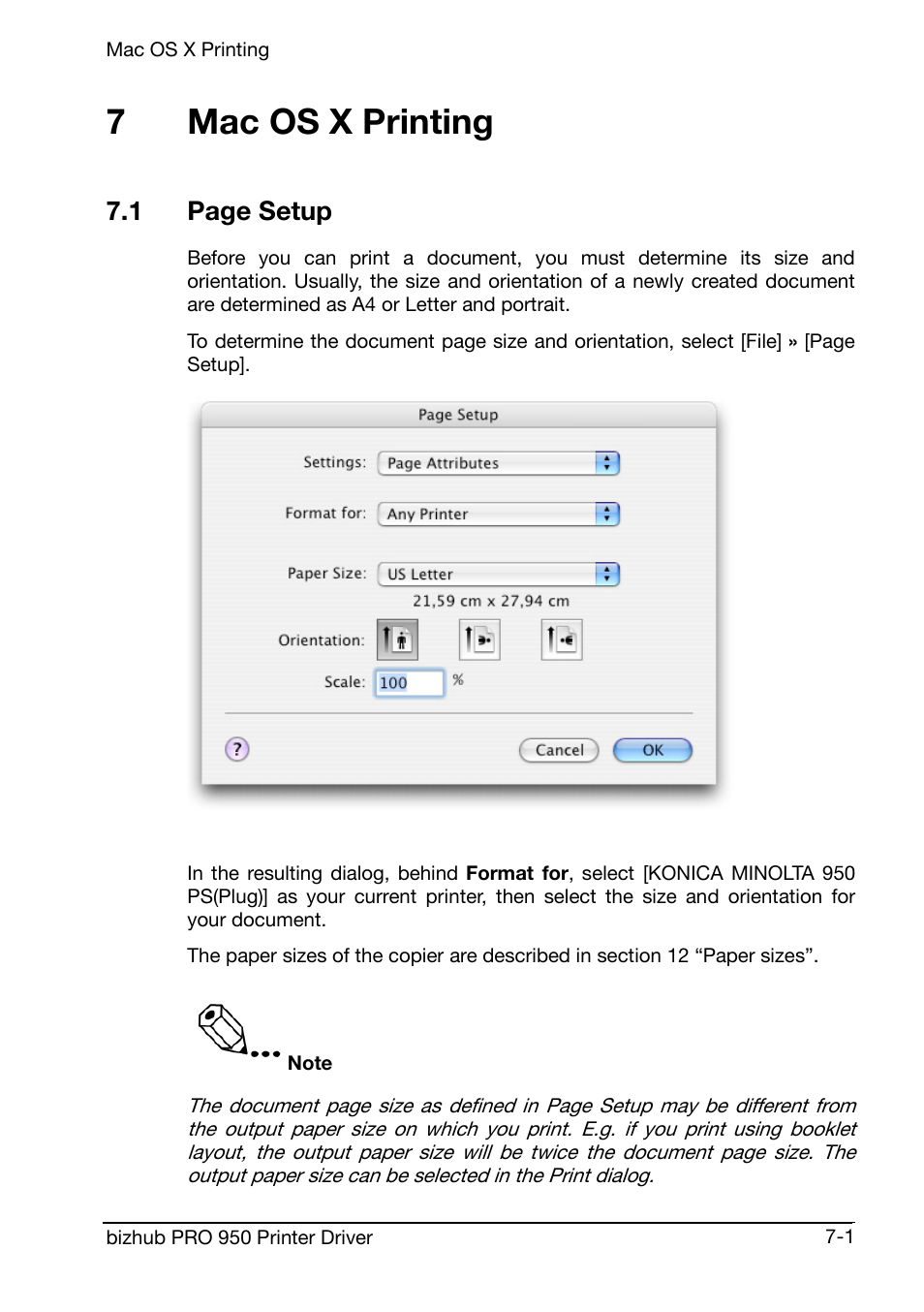 Mac os x printing, 7mac os x printing, 1 page setup | Konica Minolta bizhub PRO 950 User Manual | Page 125 / 160