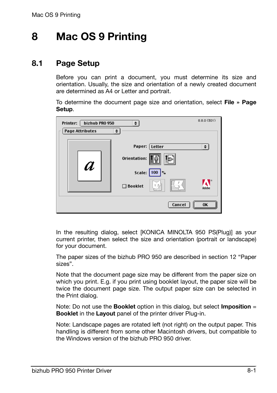 Mac os 9 printing, 8mac os 9 printing, 1 page setup | Konica Minolta bizhub PRO 950 User Manual | Page 131 / 160