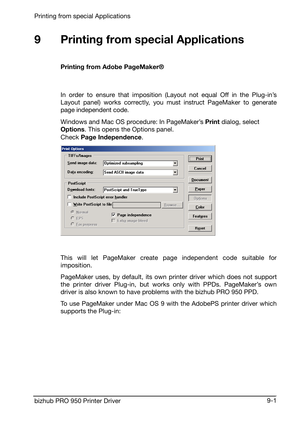 Printing from special applications, 9printing from special applications | Konica Minolta bizhub PRO 950 User Manual | Page 145 / 160