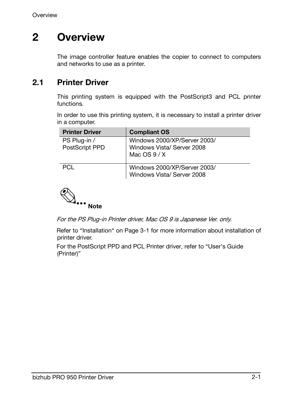 Overview, 1 printer driver, 2overview | Konica Minolta bizhub PRO 950 User Manual | Page 15 / 160