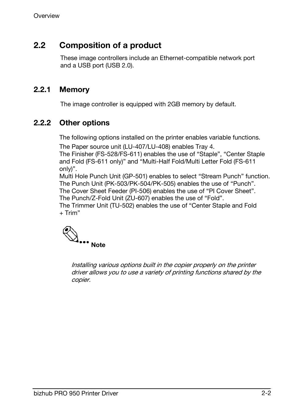 2 composition of a product, 1 memory, 2 other options | Konica Minolta bizhub PRO 950 User Manual | Page 16 / 160