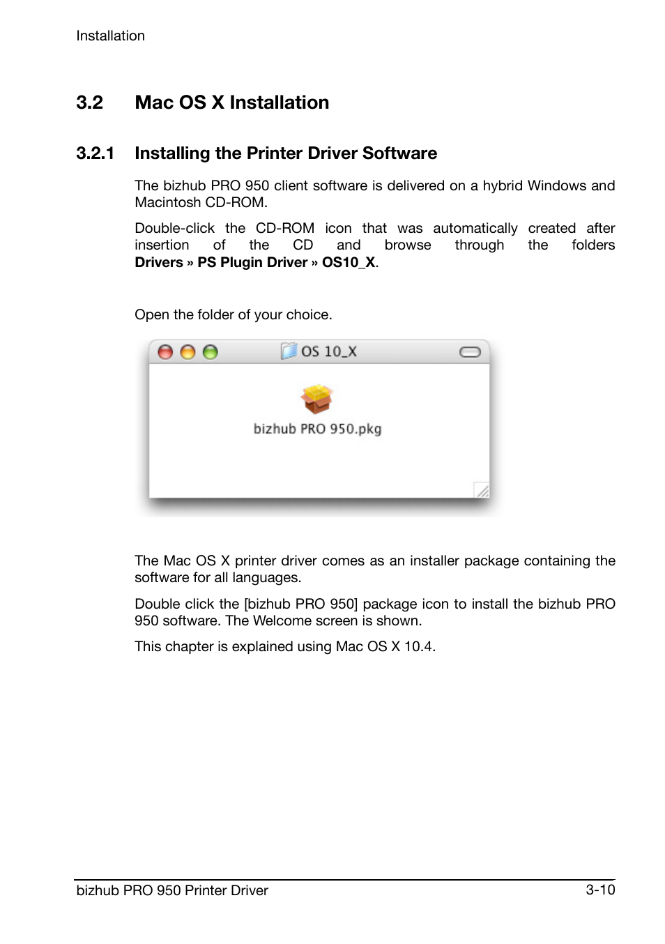 2 mac os x installation, 1 installing the printer driver software | Konica Minolta bizhub PRO 950 User Manual | Page 30 / 160