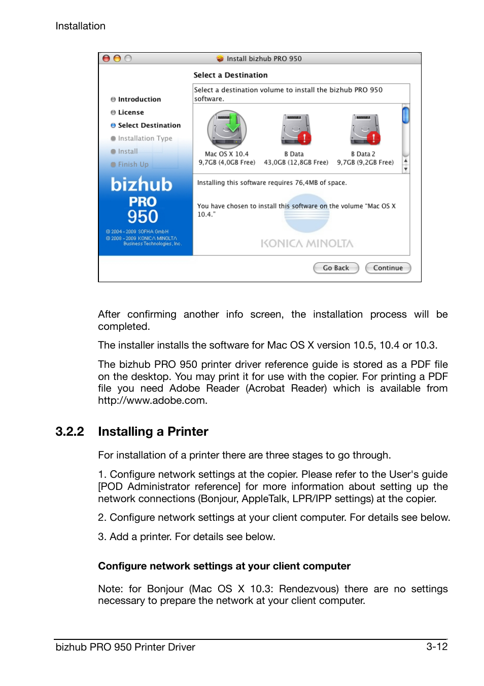 2 installing a printer, Configure network settings at your client computer | Konica Minolta bizhub PRO 950 User Manual | Page 32 / 160