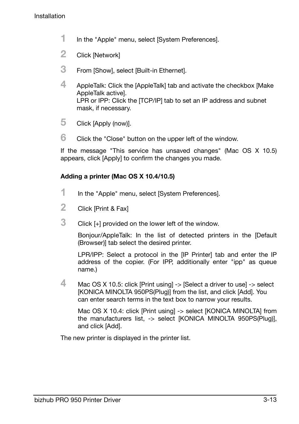 Adding a printer (mac os x 10.4/10.5) | Konica Minolta bizhub PRO 950 User Manual | Page 33 / 160