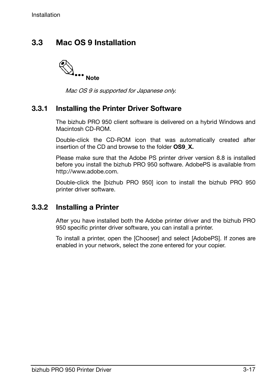 3 mac os 9 installation, 1 installing the printer driver software, 2 installing a printer | Konica Minolta bizhub PRO 950 User Manual | Page 37 / 160