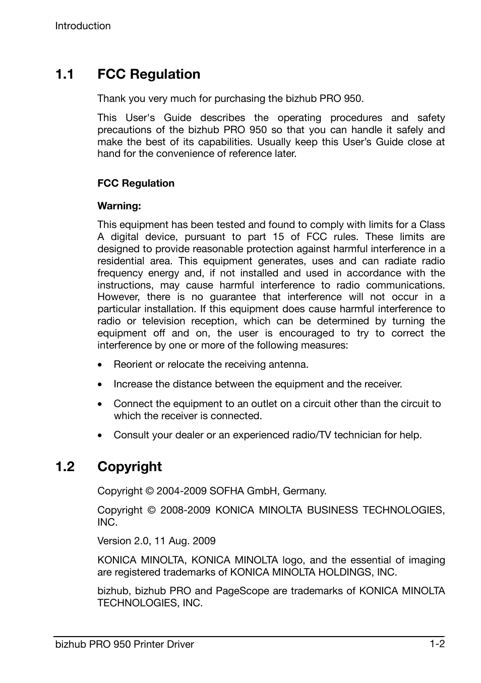 1 fcc regulation, Fcc regulation, 2 copyright | Konica Minolta bizhub PRO 950 User Manual | Page 6 / 160