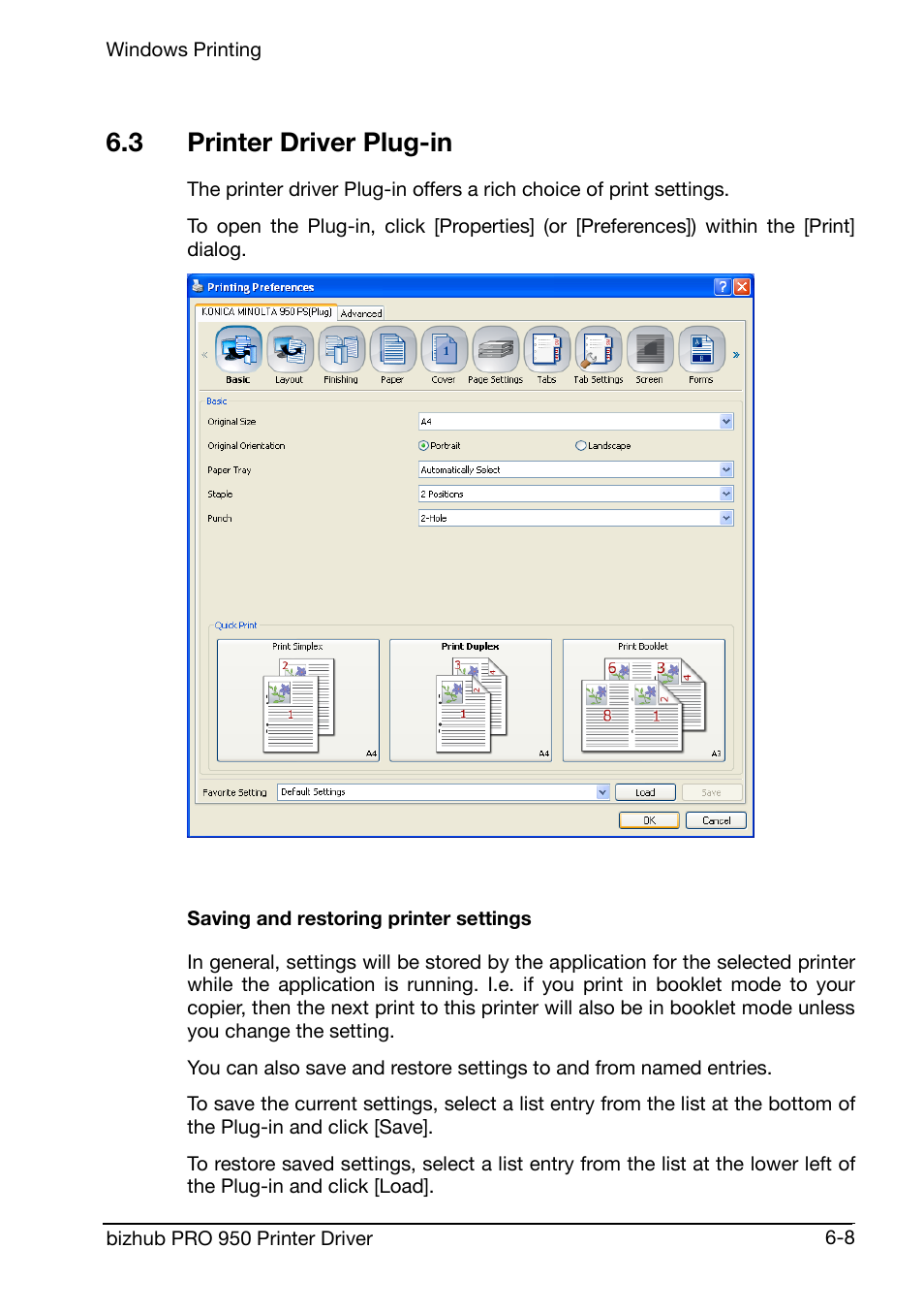 3 printer driver plug-in, Saving and restoring printer settings | Konica Minolta bizhub PRO 950 User Manual | Page 72 / 160