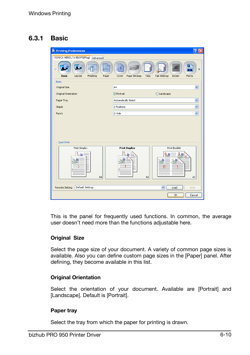 1 basic, Original size, Original orientation | Paper tray | Konica Minolta bizhub PRO 950 User Manual | Page 74 / 160