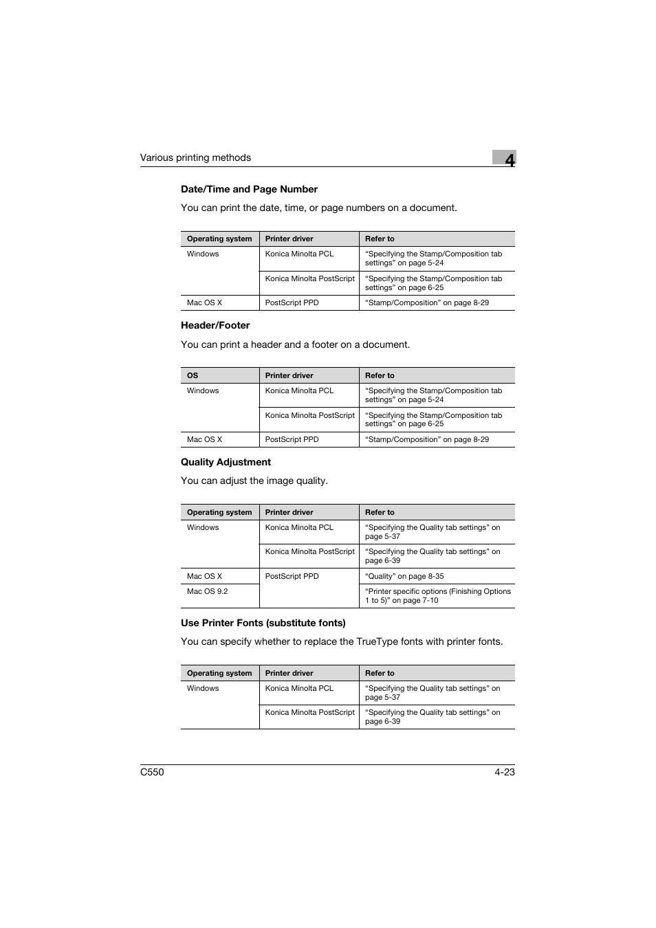 Header/footer, Quality adjustment, Use printer fonts (substitute fonts) | Konica Minolta bizhub C550 User Manual | Page 139 / 427