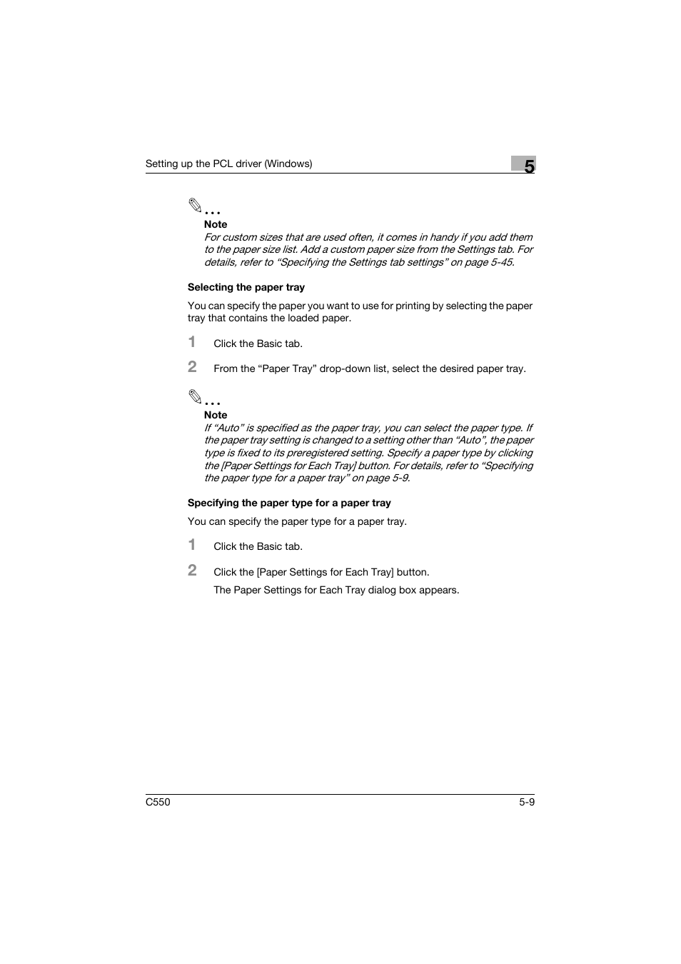 Selecting the paper tray, Specifying the paper type for a paper tray | Konica Minolta bizhub C550 User Manual | Page 153 / 427