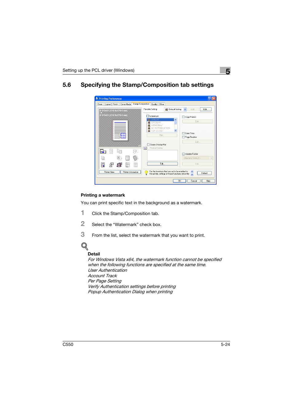 6 specifying the stamp/composition tab settings, Printing a watermark, Specifying the stamp/composition tab settings -24 | Printing a watermark -24 | Konica Minolta bizhub C550 User Manual | Page 168 / 427