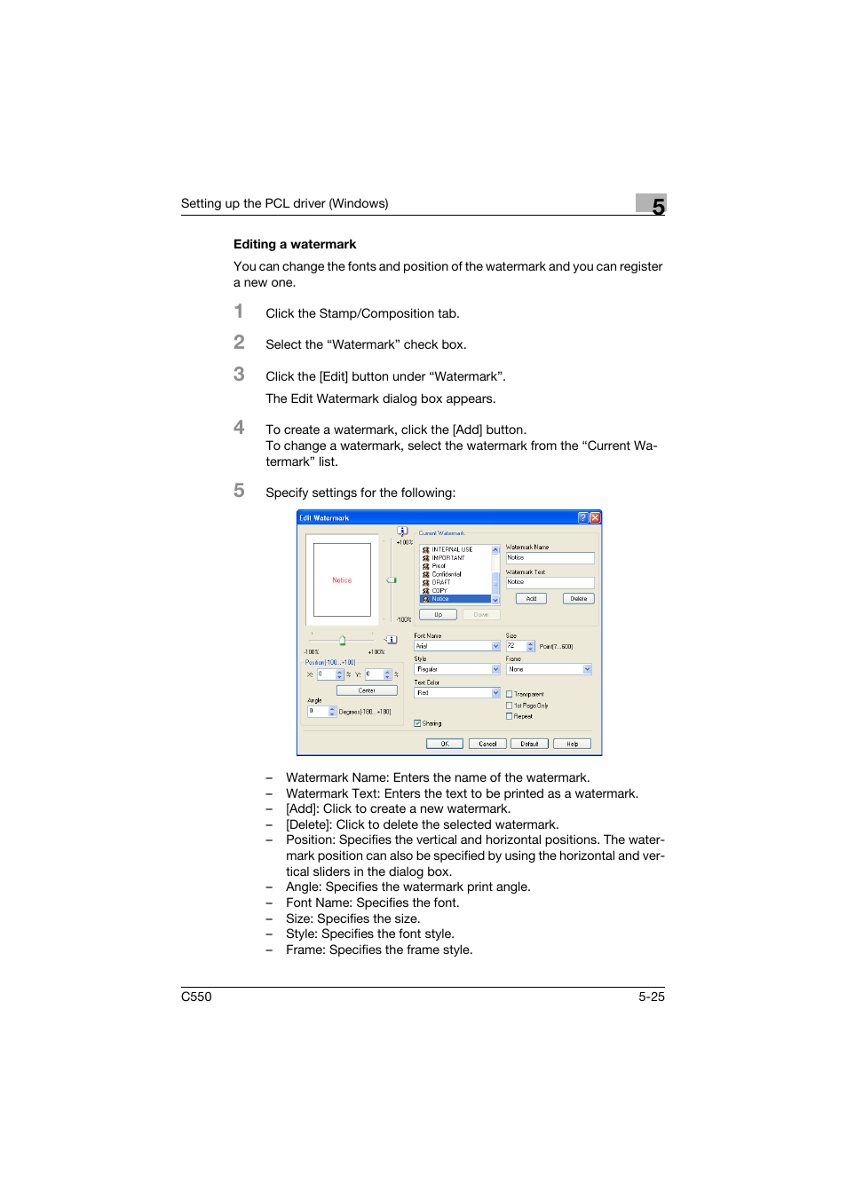 Editing a watermark, Editing a watermark -25 | Konica Minolta bizhub C550 User Manual | Page 169 / 427