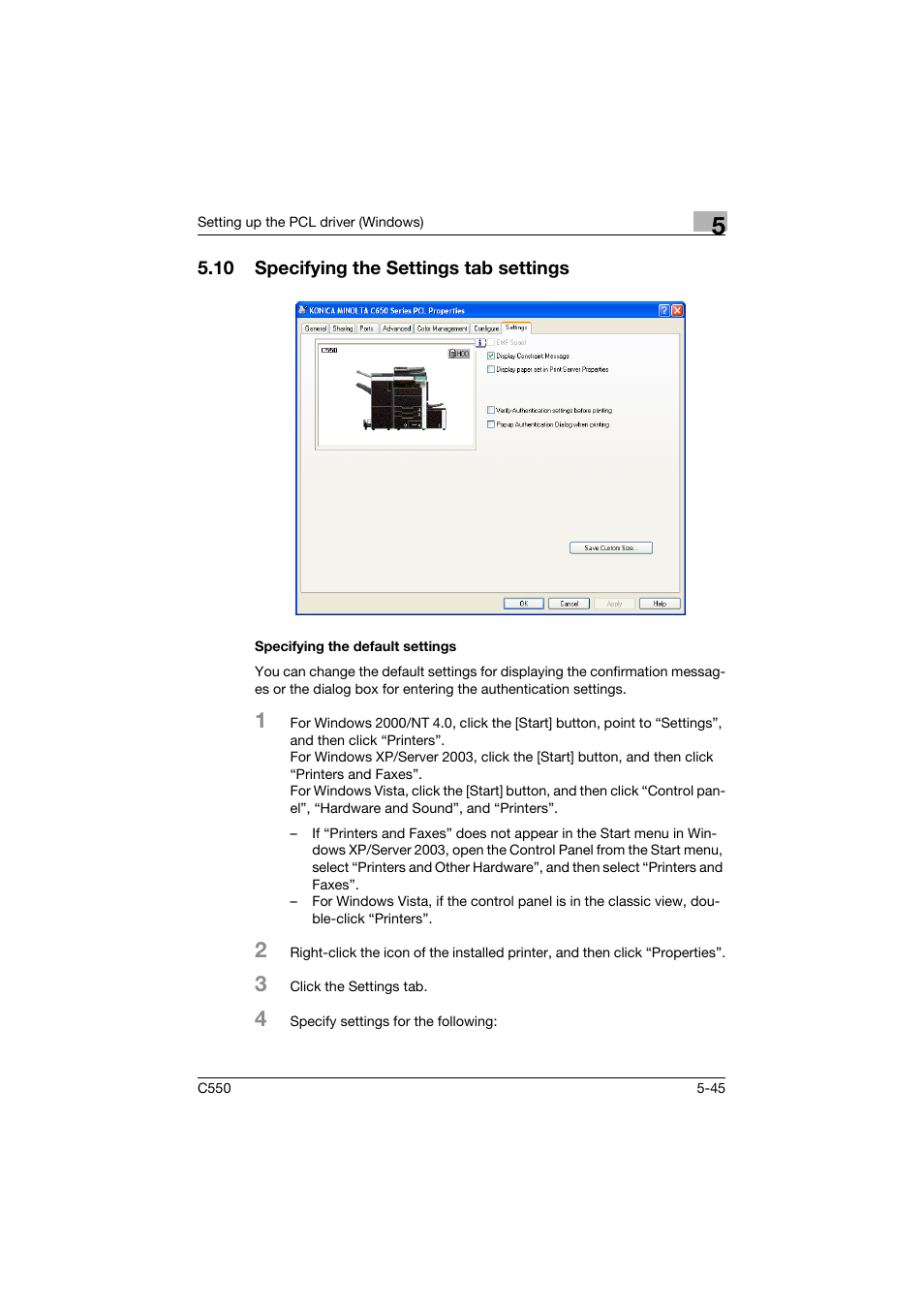 10 specifying the settings tab settings, Specifying the default settings, Specifying the settings tab settings -45 | Specifying the default settings -45 | Konica Minolta bizhub C550 User Manual | Page 189 / 427