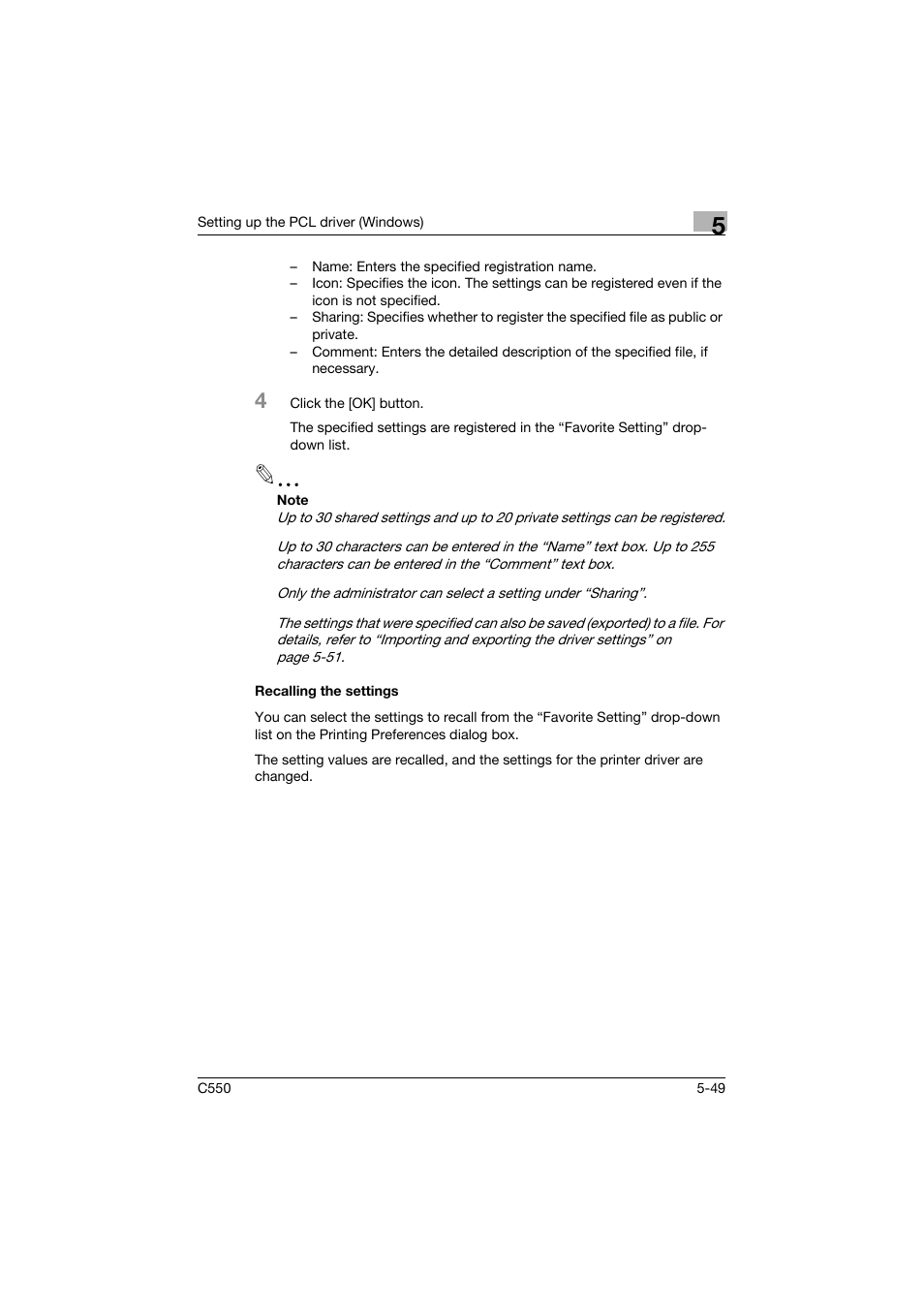 Recalling the settings, Recalling the settings -49 | Konica Minolta bizhub C550 User Manual | Page 193 / 427