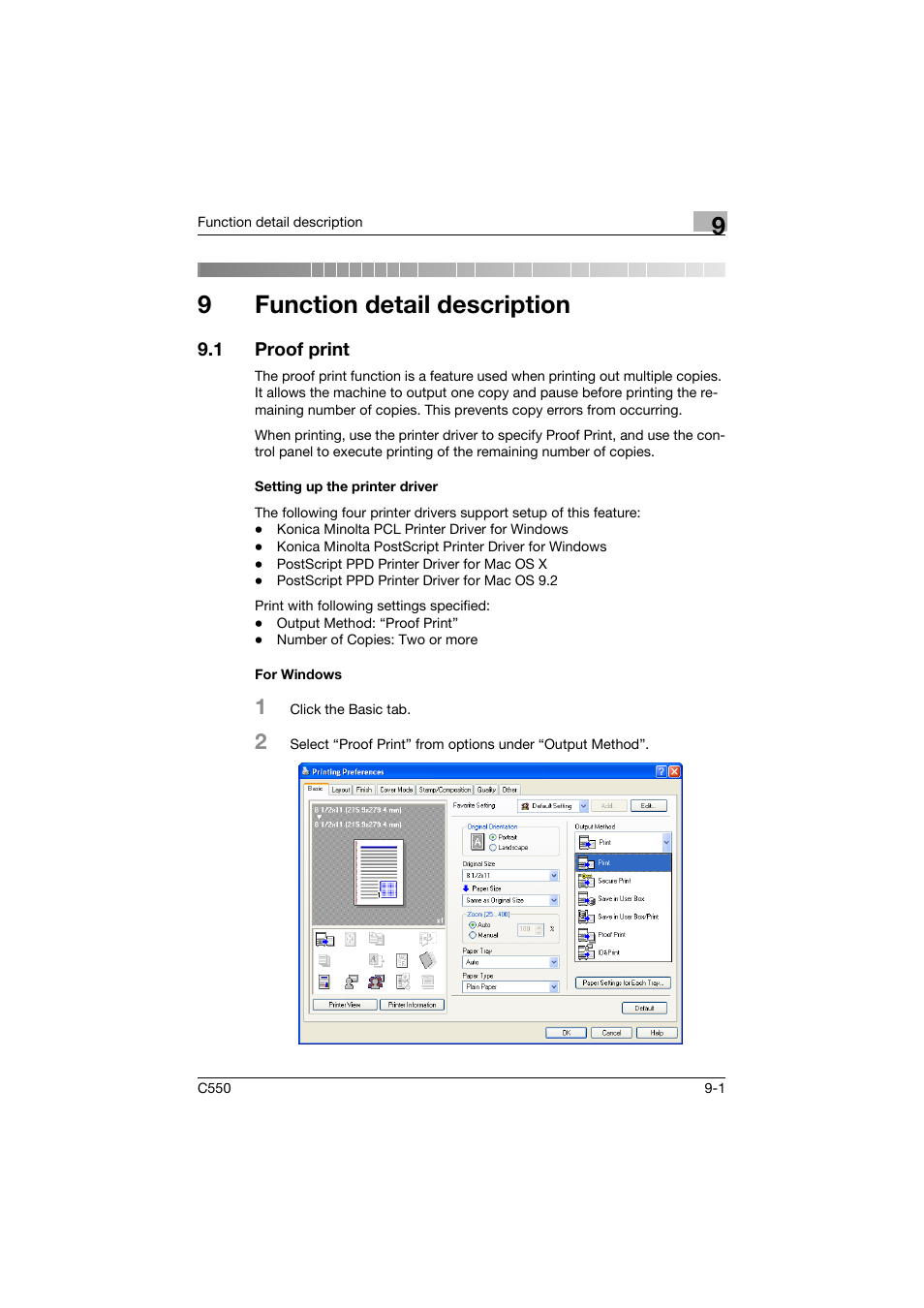 9 function detail description, 1 proof print, Setting up the printer driver | For windows, Function detail description, Proof print -1, Setting up the printer driver -1 for windows -1, 9function detail description | Konica Minolta bizhub C550 User Manual | Page 300 / 427