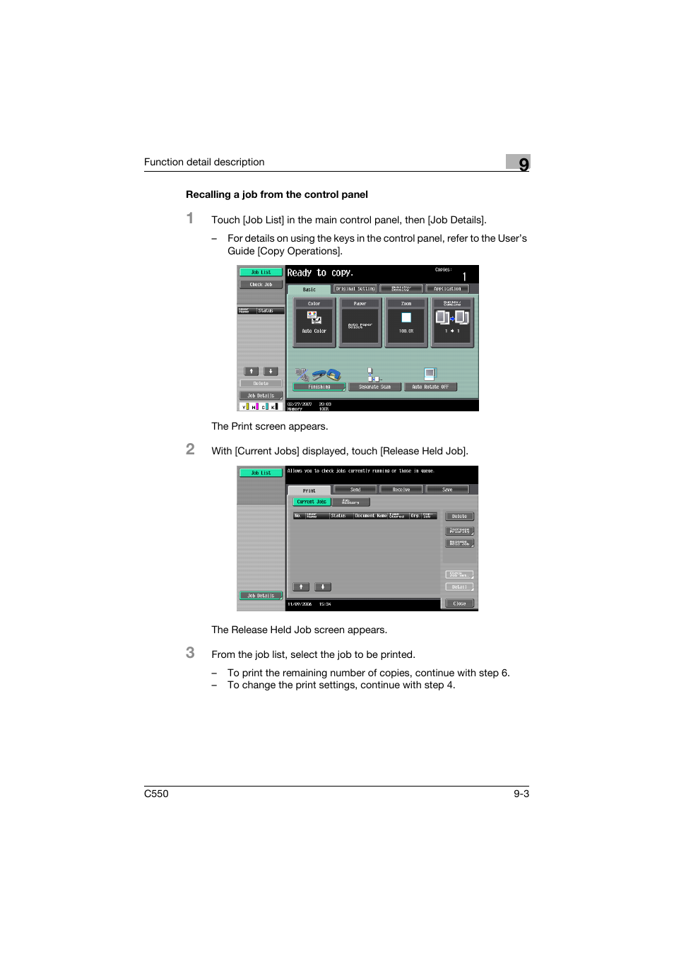 Recalling a job from the control panel, Recalling a job from the control panel -3 | Konica Minolta bizhub C550 User Manual | Page 302 / 427