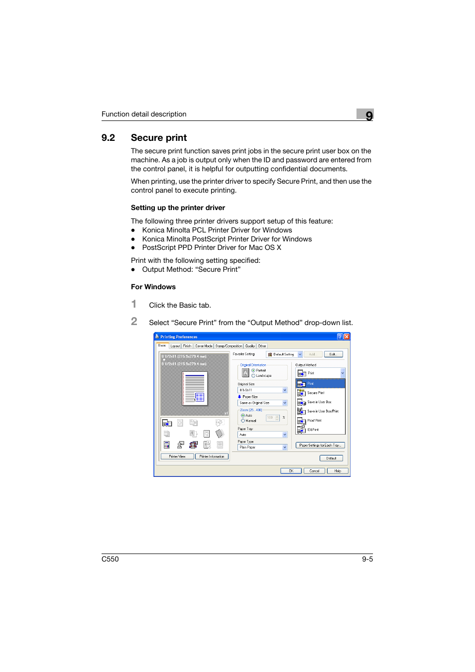 2 secure print, Setting up the printer driver, For windows | Secure print -5, Setting up the printer driver -5 for windows -5 | Konica Minolta bizhub C550 User Manual | Page 304 / 427