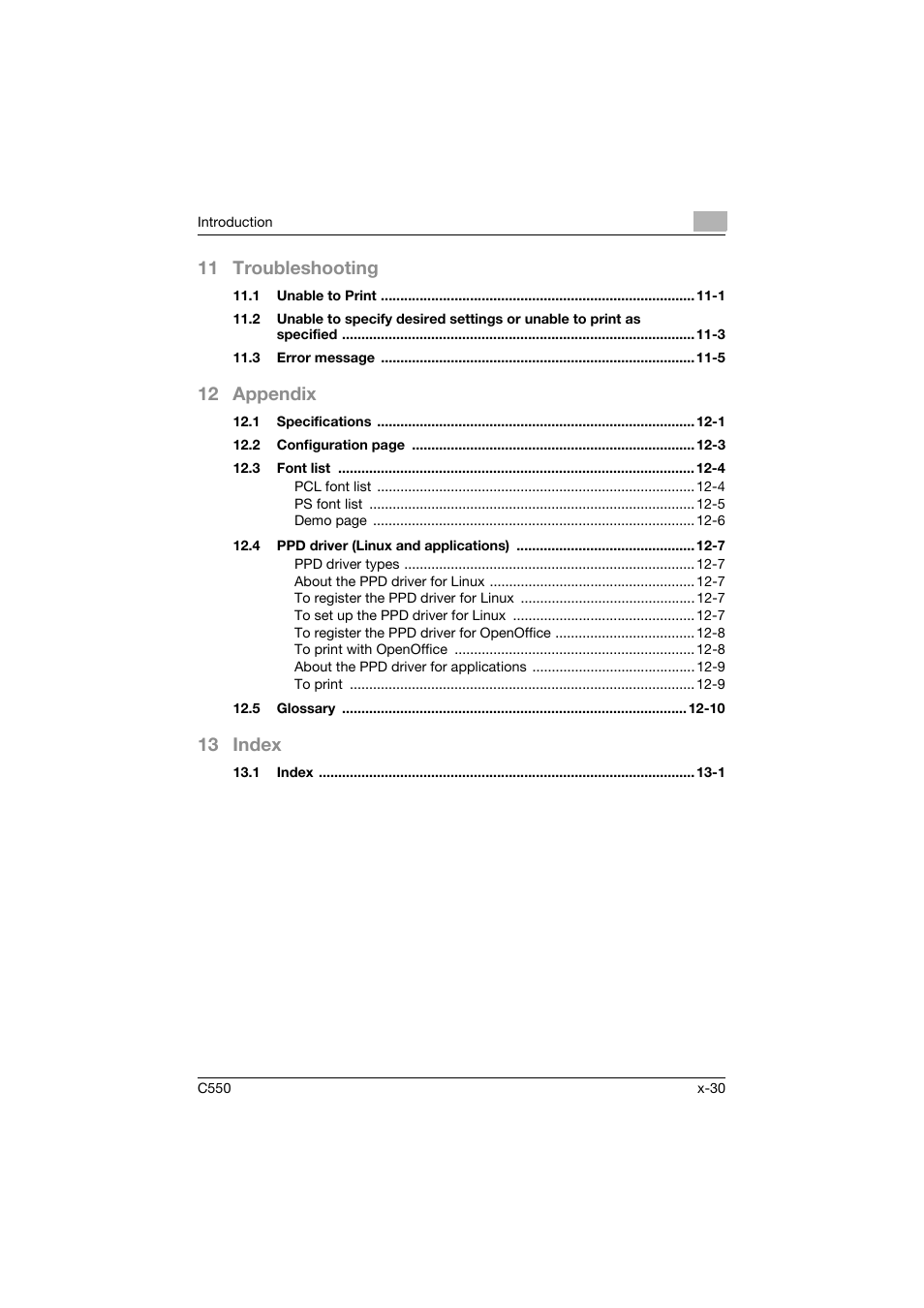 11 troubleshooting, 12 appendix, 13 index | Konica Minolta bizhub C550 User Manual | Page 31 / 427