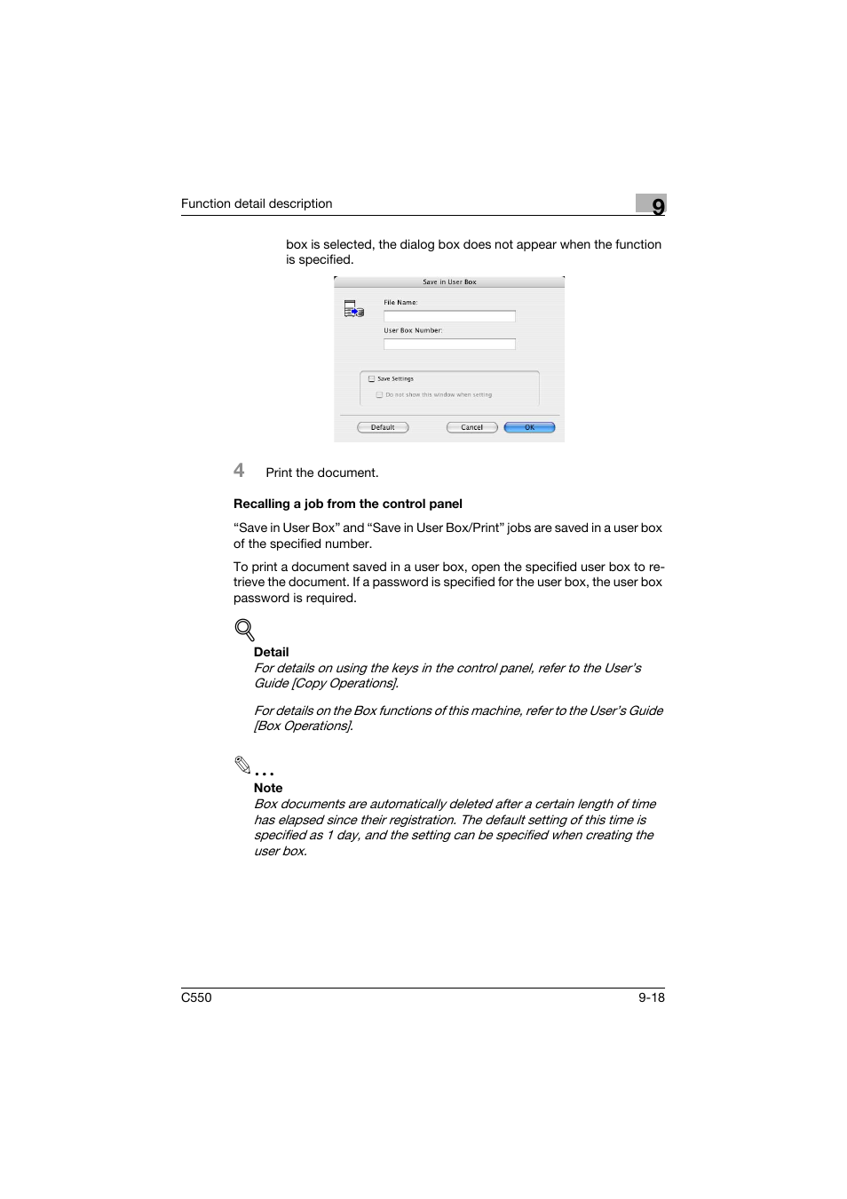 Recalling a job from the control panel, Recalling a job from the control panel -18 | Konica Minolta bizhub C550 User Manual | Page 317 / 427